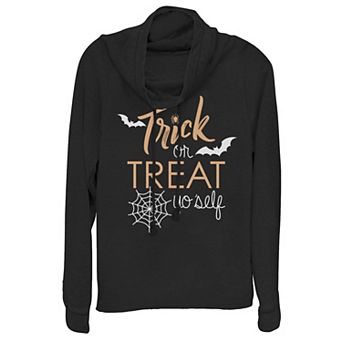 Juniors' Trick Or Treat Yo Self Halloween Cowlneck Graphic Lightweight Long Sleeve