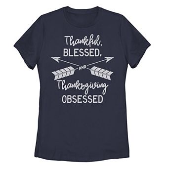 Juniors' Thankful Blessed And Thanksgiving Obsessed Gold Tee