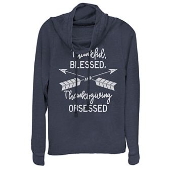 Juniors' Thankful Blessed And Thanksgiving Obsessed Gold Cowlneck Graphic Lightweight Long Sleeve