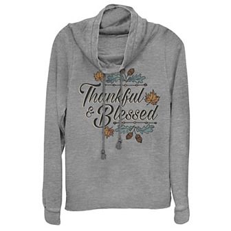 Juniors' Thankful & Blessed Autumn Design Cowlneck Graphic Lightweight Long Sleeve
