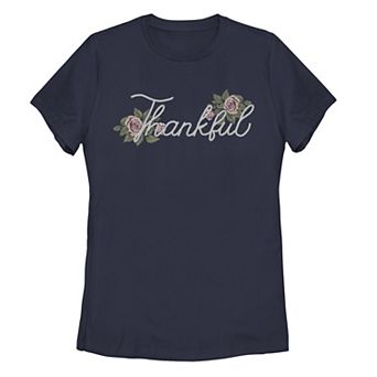 Juniors' Thankful Flowers Spot Print Tee