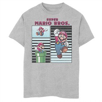 Boys 8-20 Super Mario Panels Mario Jumping Warp Pipe Stripes Tee