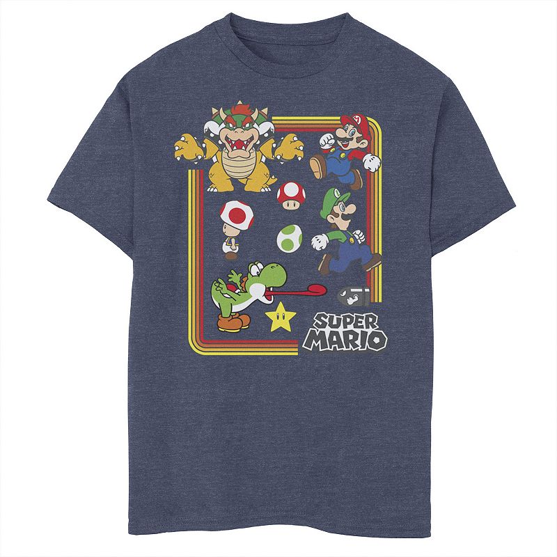 Boys 8-20 Nintendo Super Mario Retro Group Shot Portrait Tee, Boy's, Size: Medium, Navy Grey