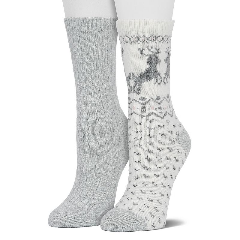 Womens Cuddl Duds 2-Pack Plushfill* Reindeer Fair Isle Crew Socks, Grey