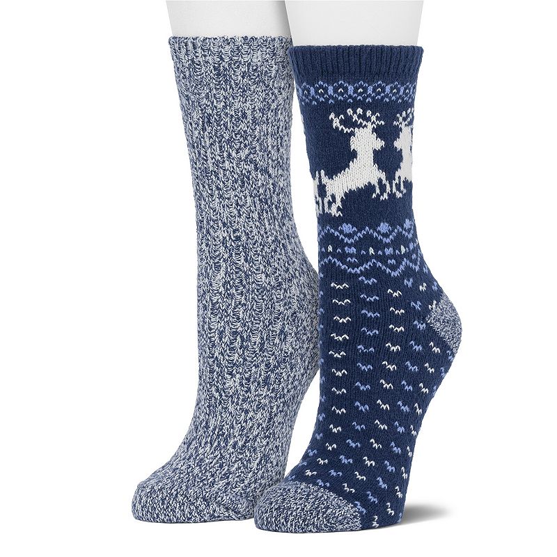 Womens Cuddl Duds 2-Pack Plushfill* Reindeer Fair Isle Crew Socks, Blue