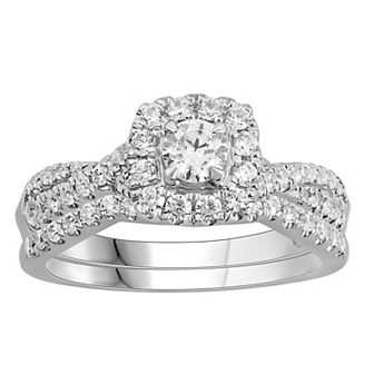Platinum 1 Carat T.W. Diamond Cushion Halo Engagement Ring Set