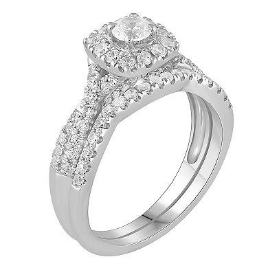 Platinum 1 Carat T.W. Diamond Cushion Halo Engagement Ring Set