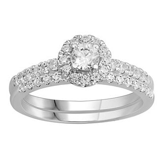 Platinum 1 Carat T.W. Diamond Halo Engagement Ring Set