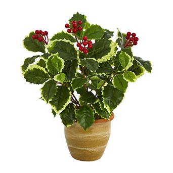 nearly natural 14 in Variegated Holly Leaf Artificial Plant in Ceramic Planter