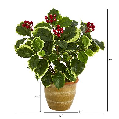 nearly natural 14-in. Variegated Holly Leaf Artificial Plant in Ceramic Planter