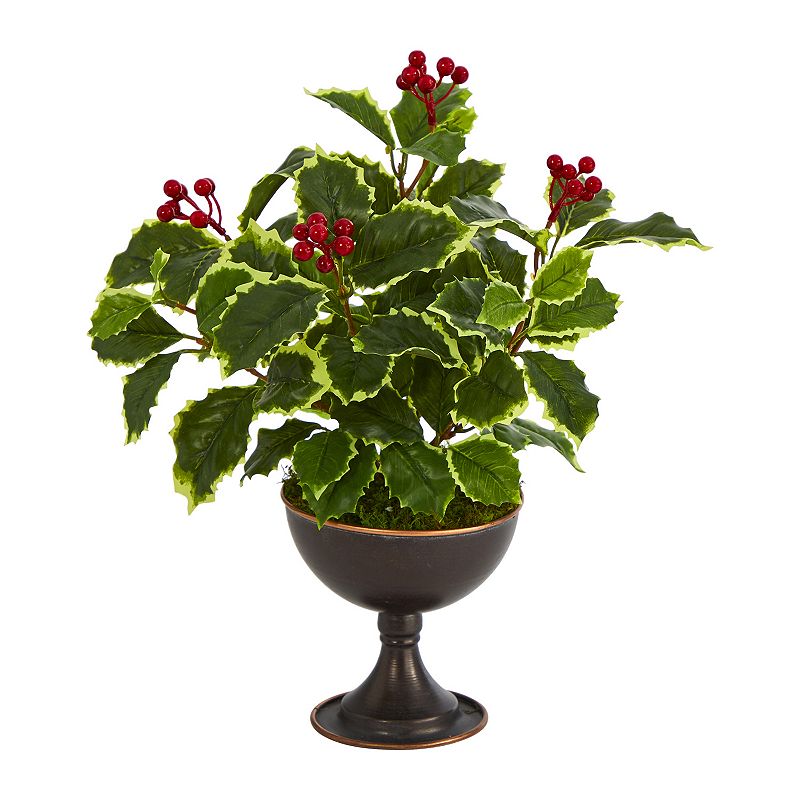 nearly natural 15-in. Variegated Holly Artificial Plant in Metal Chalice, G