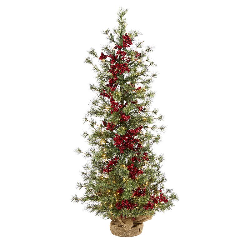 Nearly Natural 4ft. Berry and Pine Artificial Christmas Tree with 100 Warm White Lights and Burlap Wrapped Base