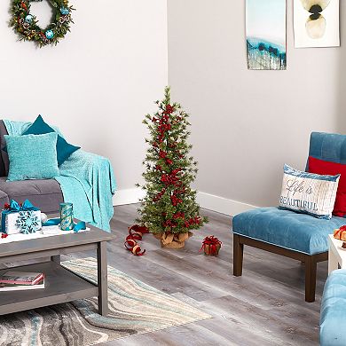 nearly natural 4-ft. Berry & Pine Pre-Lit Artificial Christmas Tree in a Burlap Wrapped Base