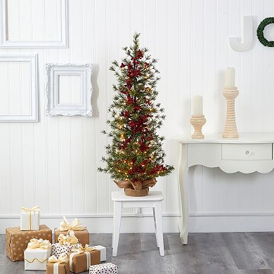 nearly natural 4-ft. Berry & Pine Pre-Lit Artificial Christmas Tree in a Burlap Wrapped Base