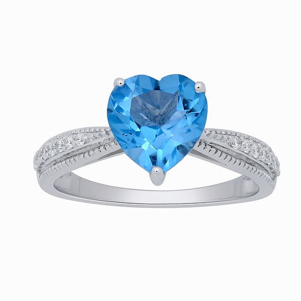 Made For You Sterling Silver Lab Created Blue Topaz 1 10 Carat T W Lab Grown Diamond Heart Ring