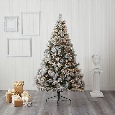 nearly natural 7-ft. Flocked Oregon Pine Artificial Christmas Tree