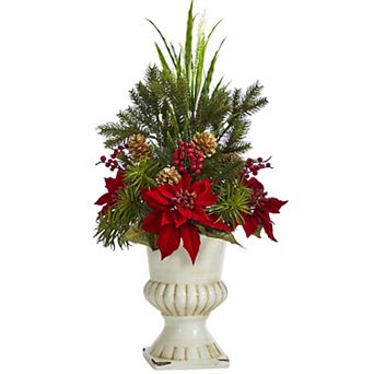 nearly natural Artificial Poinsettia, Grass & Succulent Arrangement Floor Decor