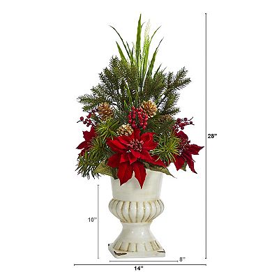 nearly natural Artificial Poinsettia, Grass & Succulent Arrangement Floor Decor