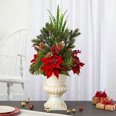 nearly natural Artificial Poinsettia, Grass & Succulent Arrangement Floor Decor
