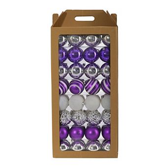 nearly natural Shatterproof Purple Silver Finish Christmas Ornament 64 pc Set