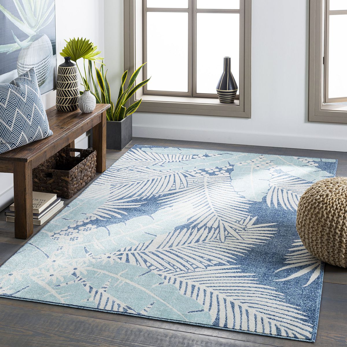 Blue and seafoam green palm leaf area rug from Kohls