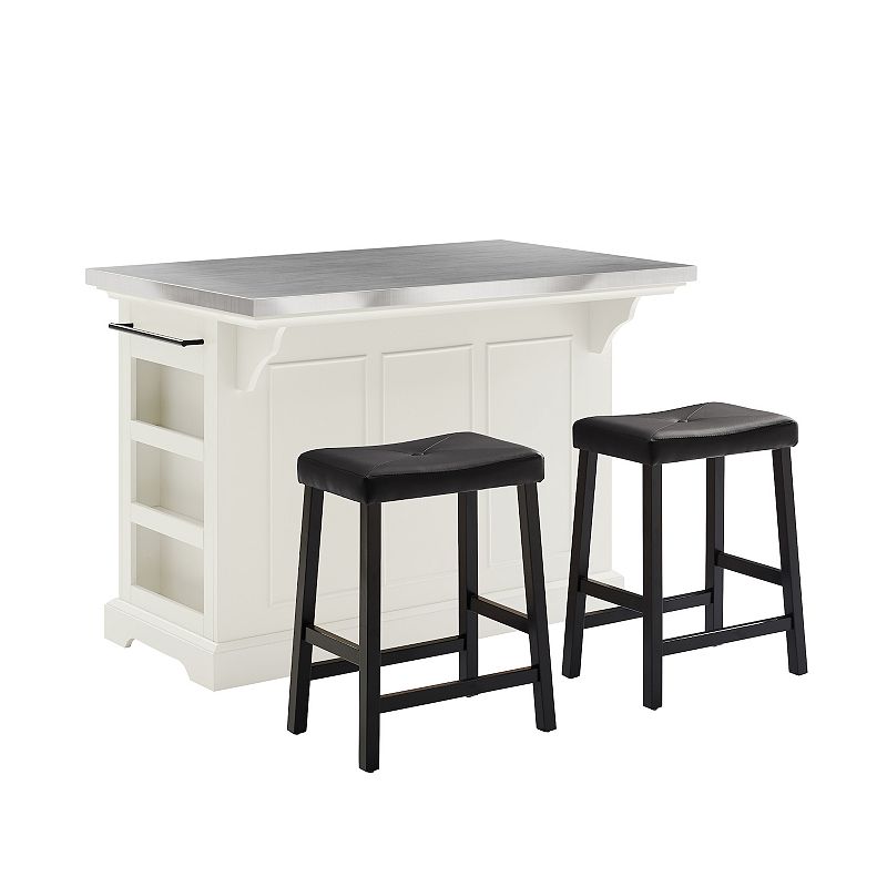 Crosley Julia Stainless Steel Top Island with Saddle Stools, White