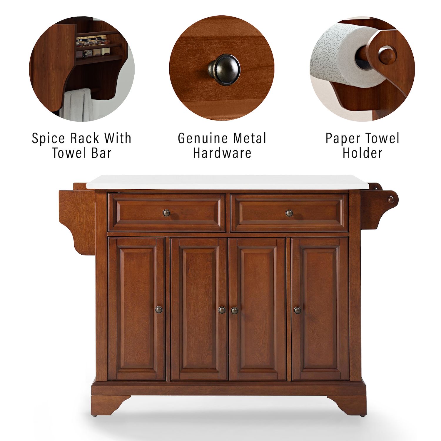 Wood kitchen island cart showing spice rack, metal hardware, and towel holder