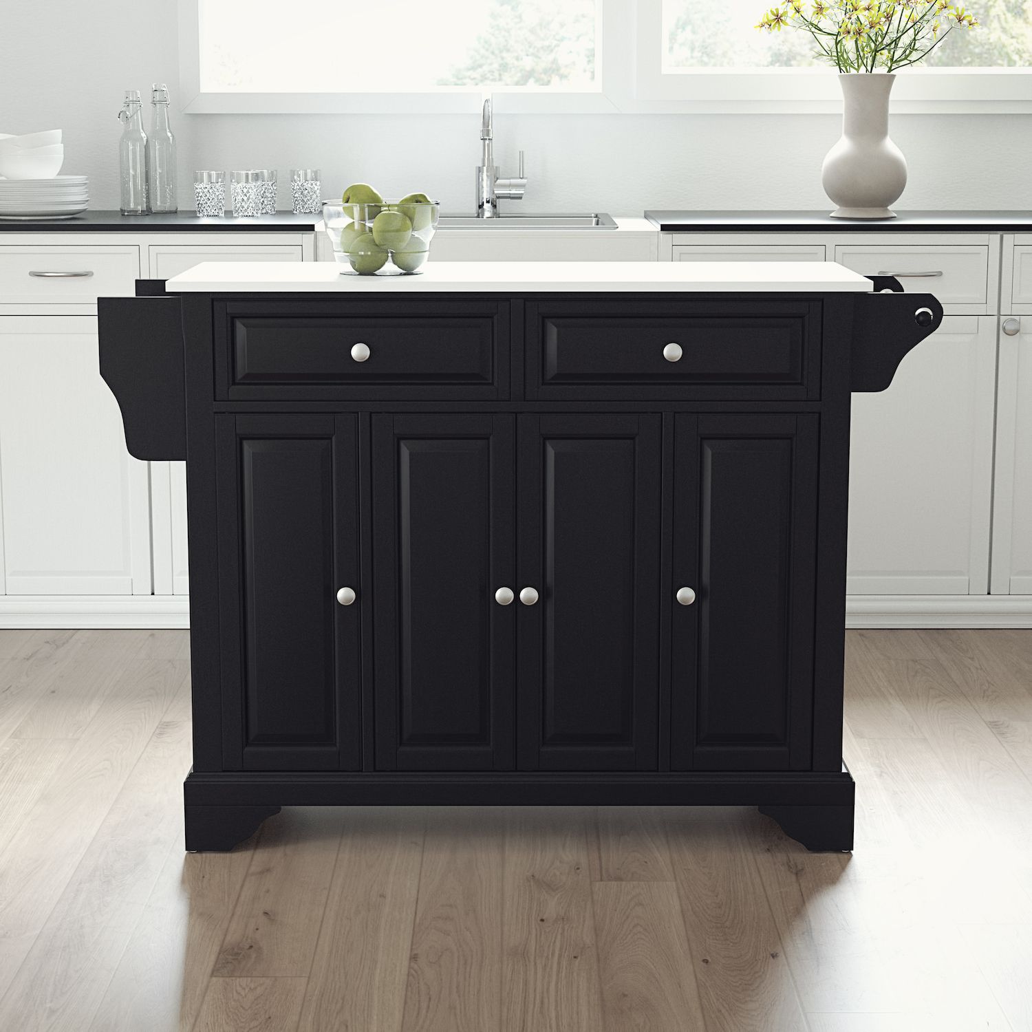 Black kitchen island cart with two drawers and four cabinet doors