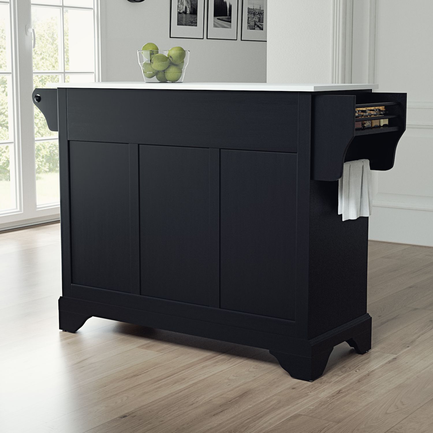 Black kitchen island cart side view with towel holder extended
