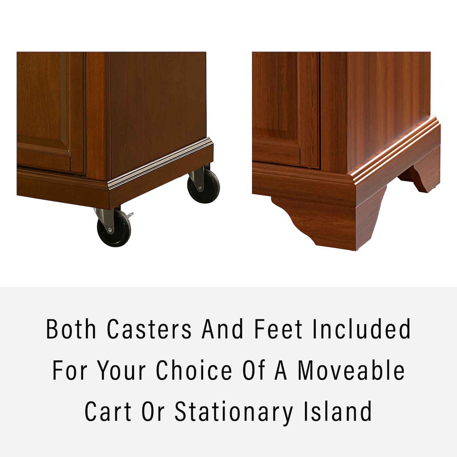 Illustration showing both casters and feet included for kitchen island cart