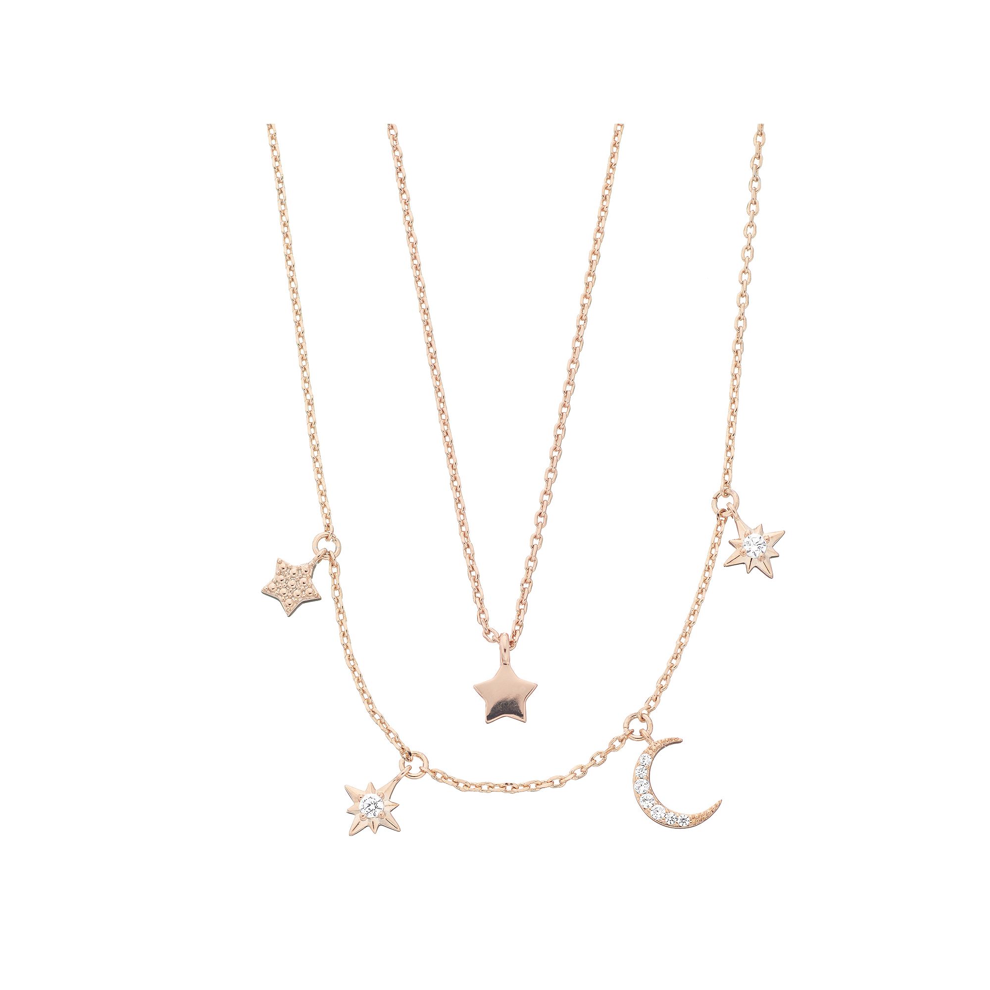 City Luxe Star & Moon Charm Necklace Set, Womens, Rose Gold Tone Clear