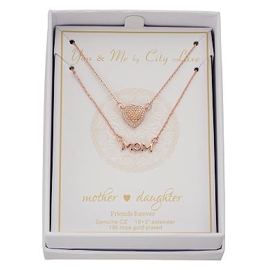 City Luxe "Mom" & Cubic Zirconia Heart Necklace Set