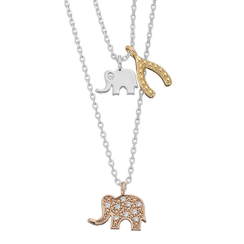 City Luxe Tri-Tone Cubic Zirconia Elephant & Wishbone Necklace Set, Womens