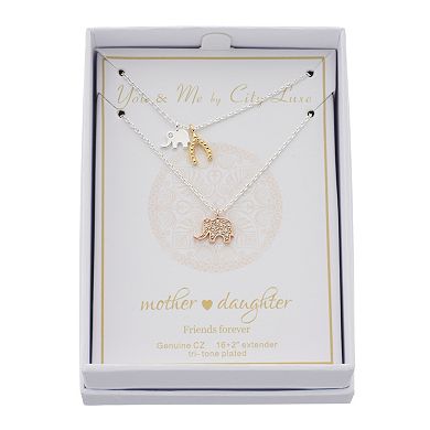 City Luxe Tri-Tone Cubic Zirconia Elephant & Wishbone Necklace Set