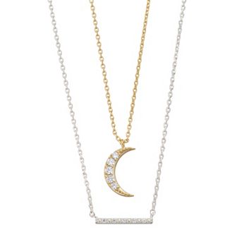 City Luxe Two Tone Cubic Zirconia Moon & Bar Necklace Set