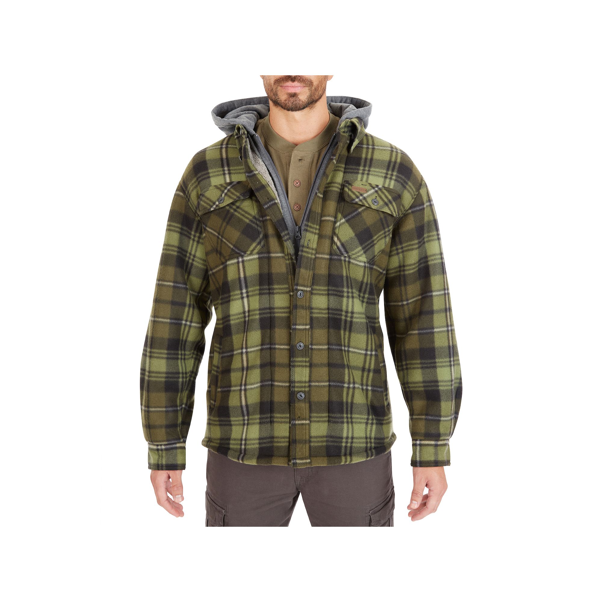 Mens Smiths Workwear Plaid Sherpa-Lined Microfleece Hooded Shirt Jacket, 