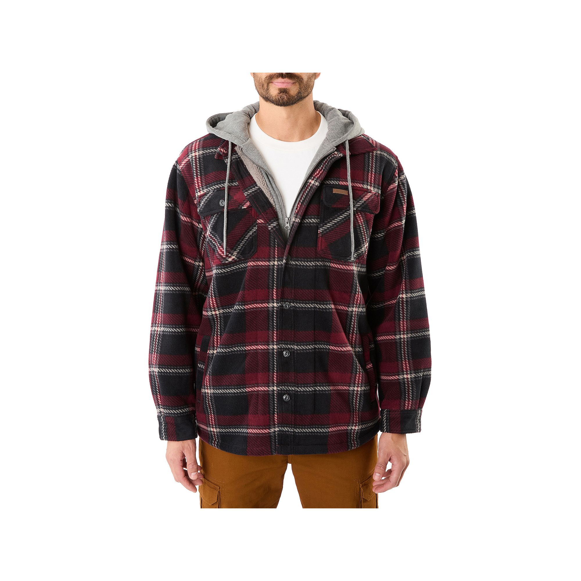 Mens Smiths Workwear Plaid Sherpa-Lined Microfleece Hooded Shirt Jacket, 