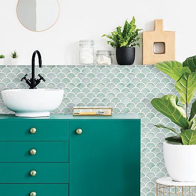 Roommates Aqua Scallop Peel And Stick Backsplash