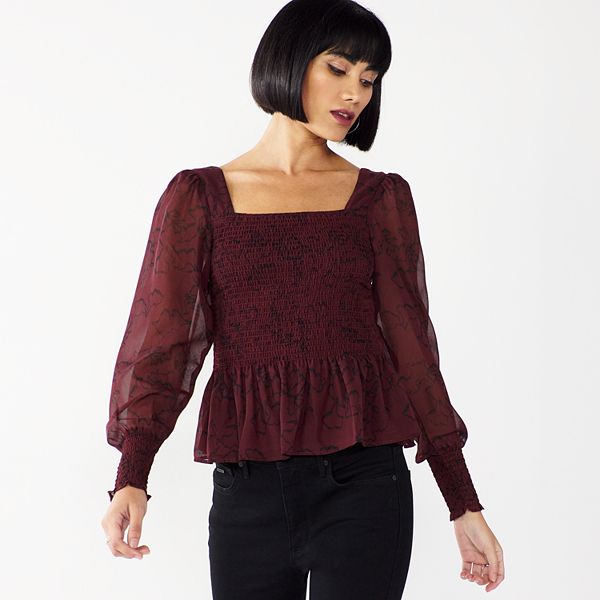 Petite Nine West Long Sleeve Squareneck Blouse