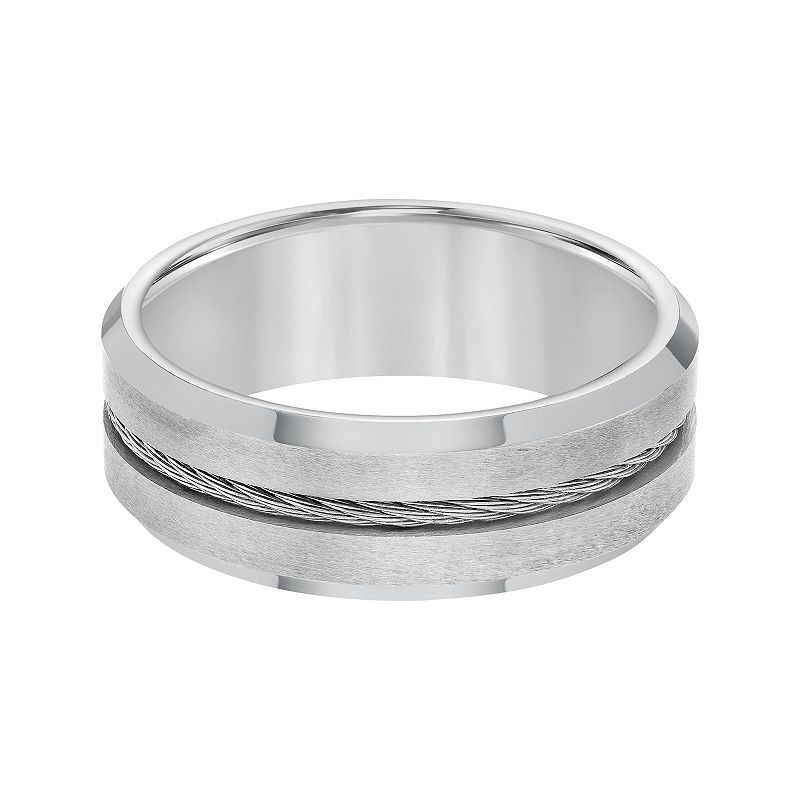 AXL Tungsten Beveled Edge with Steel Cable Inlay Mens Wedding Band, Size: 