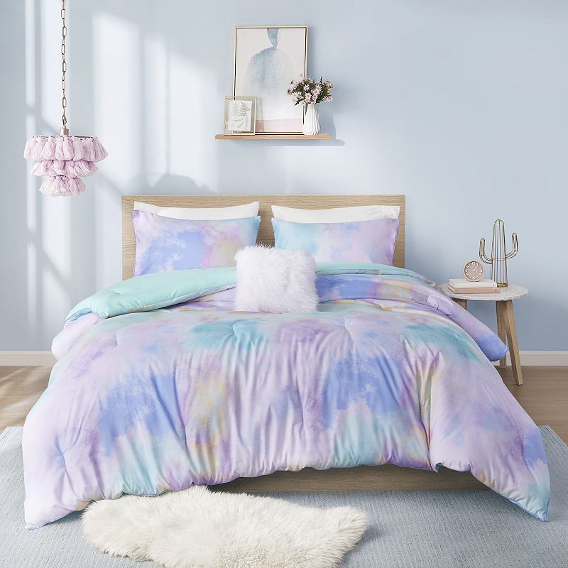 Intelligent Design 4 Piece Full/Queen Adult All-Season Watercolor Tie Dye Comforter Set Aqua