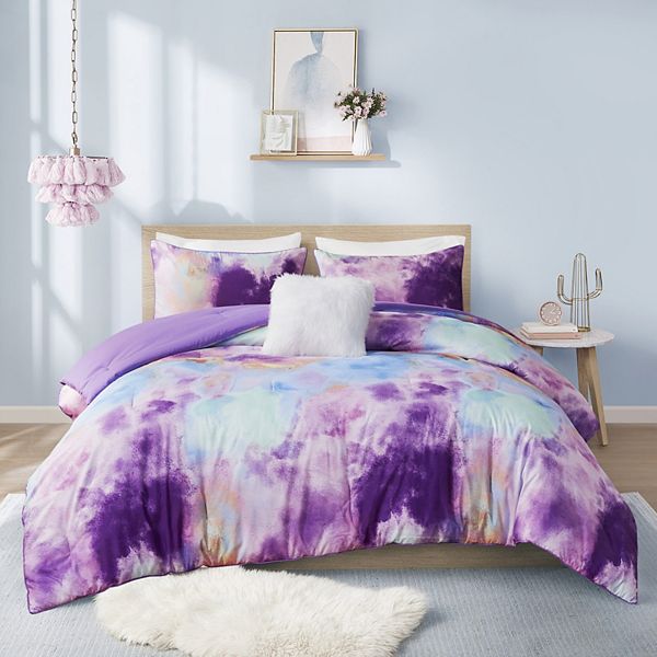 Intelligent Design Karissa Watercolor Tie Dye Antimicrobial Comforter Set with Throw Pillow - Lavender (KING/CK)