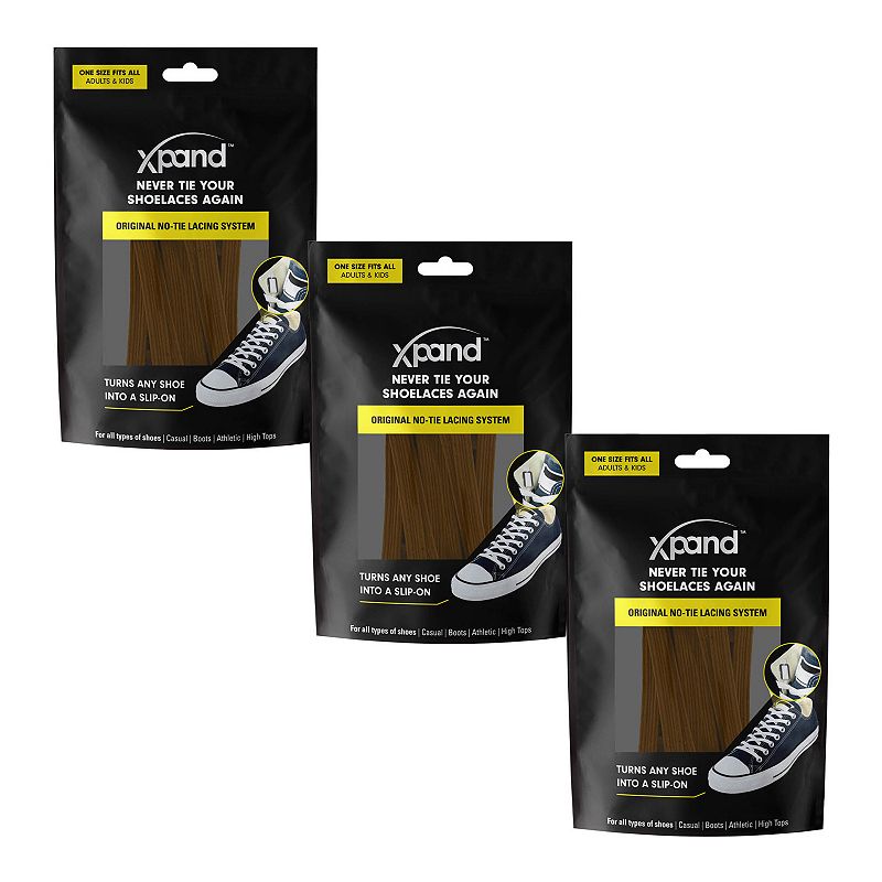 Xpand 3-Pack No Tie Shoelaces System with Elastic Laces, Womens, Brown