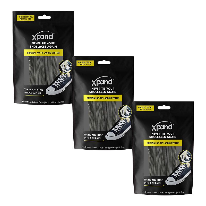 Xpand 3-Pack No Tie Shoelaces System with Elastic Laces, Womens, Grey