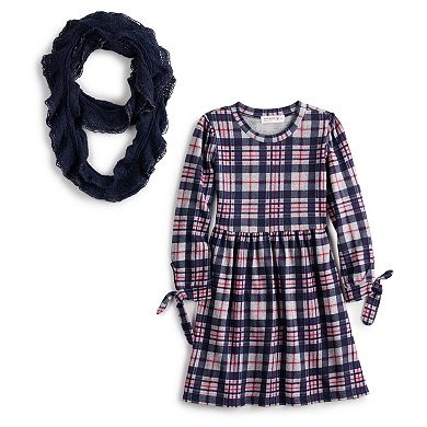 Girls 4-6x Knit Works Elastic Waist Plaid Dress with Scarf Set