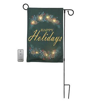 LumaBase Happy Holidays Light-Up Outdoor Garden Flag, Stand & Remote 3 pc Set
