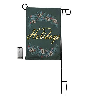 LumaBase Happy Holidays Light-Up Outdoor Garden Flag, Stand & Remote 3-piece Set