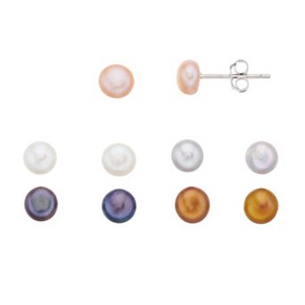 Aleure Precioso 5 Pair Sterling Silver Multicolored Dyed Freshwater Cultured Pearl Stud Earring Set