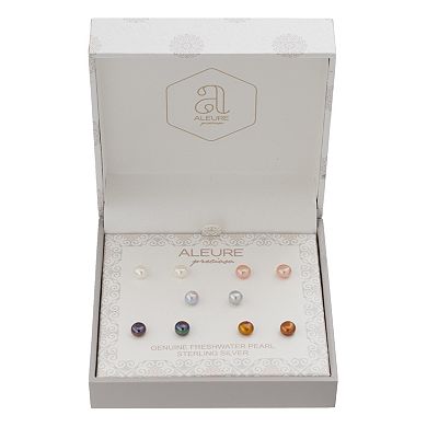 Aleure Precioso 5 Pair Sterling Silver Multicolored Dyed Freshwater Cultured Pearl Stud Earring Set