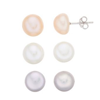 Aleure Precioso 3 Pair Sterling Silver Dyed Gray, Dyed Pink & White Freshwater Cultured Pearl Button Stud Earring Set